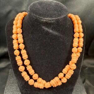 Vintage Hong Kong Genuine Lucite Bead Necklace Pink Coral 45 Inch Long Strand